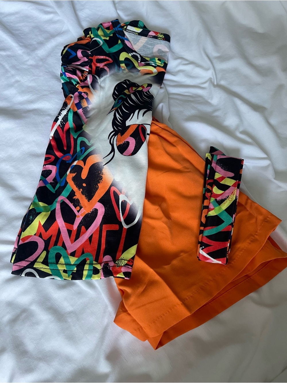 Kids Orange Athletic Shorts & Multicolor Heart-Print Top Set